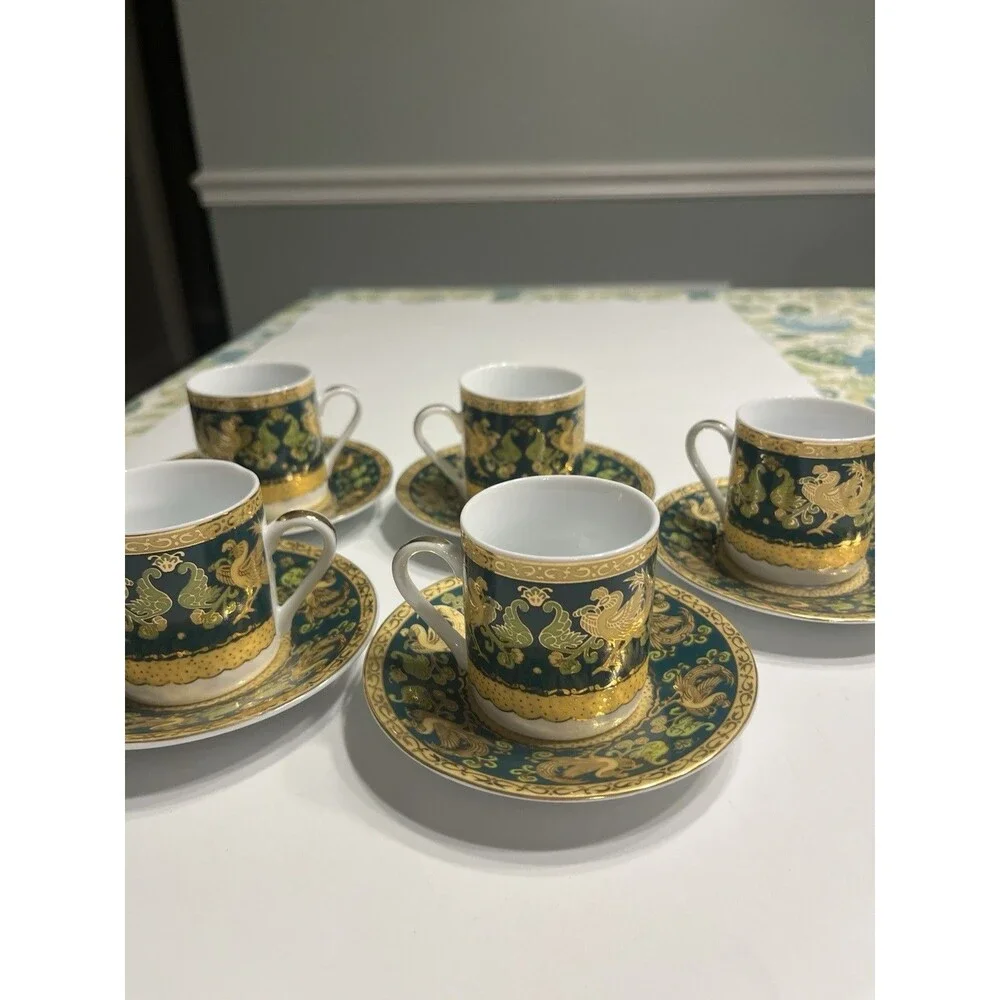 Italy Design Heavy Gold & Green Chicken Rooster Floral Demitasse Cup Saucer 10pc